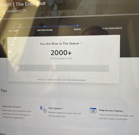 The queue for tickets during the Taylor Swift “The Eras Tour” presale having people wait behind thousands of others due to demand.