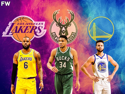Photo of the three faces of the NBA (left to right) Lakers’ LeBron James, Bucks’ Giannis Antetokounmpo and Warriors’ Steph Curry.

