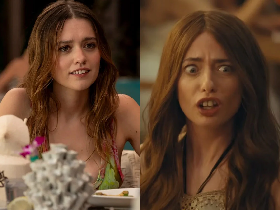Sarah Sherman (right) in the SNL episode making the joke about Aimee Lou Wood (left)