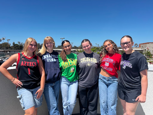 Canyon Hills seniors get together and represent their future colleges for their final spirit week
(From left to right: Tylee Sheriff, Grace Garnett, Nyala Levvi-Rodriguez, Ella Carrizales, Adison Bradley, Hal’e Martin)